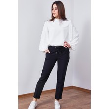 Wathka Kadın Cepli Double Paça Bel Lastik Bağcıklı Pantolon - Siyah