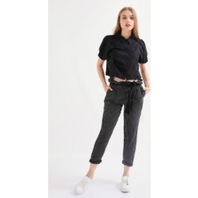 Wathka Kadın Çizgili Kuşak Bağlamalı Cepli Pantolon - Siyah