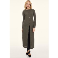 Wathka Kadın Haki Uzun Yarım Düğmeli Hırka