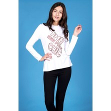Wathka Kadın Kırmızı Nakışlı - Chic Kollu Beyaz T-Shirt