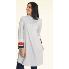 Wathka Kadın Kolları Fırfır ve Taş Detaylı Bluz - Mavi