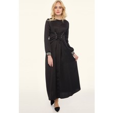 Wathka Kadın Siyah Ribana Kollu - Bağcıklı Elbise