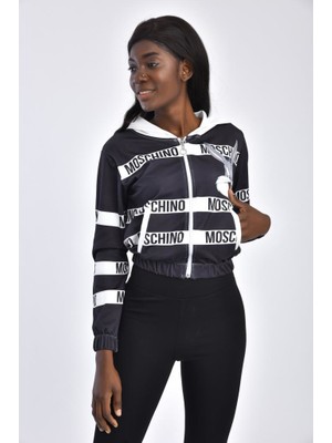 Modkofoni Kapşonlu Ön ve Arka Baskılı Yandan Cepli Beyaz Çizgili Siyah Sweat Shirt
