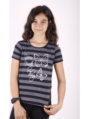 Toontoy Kız Çocuk Çizgili Kelebek Baskılı T-Shirt