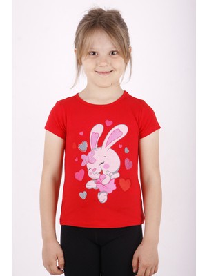 Toontoy Kız Çocuk Kalpli Tavşan Baskılı T-Shirt