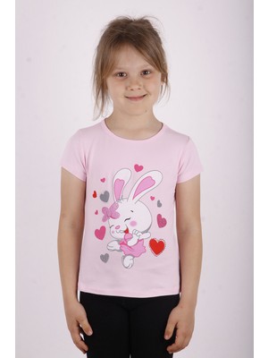 Toontoy Kız Çocuk Kalpli Tavşan Baskılı T-Shirt
