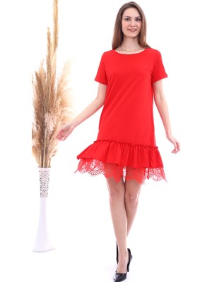 Cotton Mood 20063103 Süprem Eteği Dantelli Kısa Kol Elbise Kırmızı