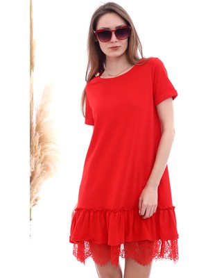 Cotton Mood 20063103 Süprem Eteği Dantelli Kısa Kol Elbise Kırmızı