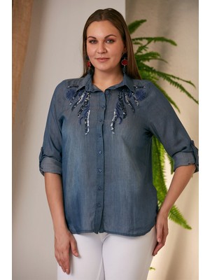 Rmg Yakası Pullu Büyük Beden Gömlek