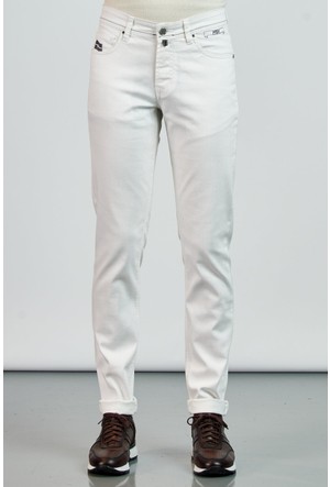 Erkek Kisa Paca Beyaz Jeans Pantolon Slim Fit