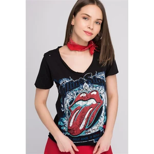Miss Lusi 8070707 V Yaka Baskılı Yırtık Detaylı Kısa Kol T.Shirt