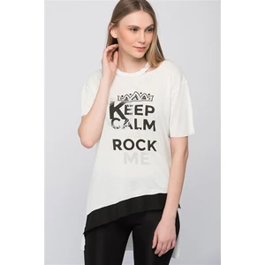 Miss Lusi 8101001 Keep Calm Baskılı Sol Yaka Kesik Kısa Kol Tunik