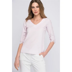 Miss Lusi 8129314 V Yaka Sırtı Tül Dantel Bağlamalı Kolucu Güpür Bluz