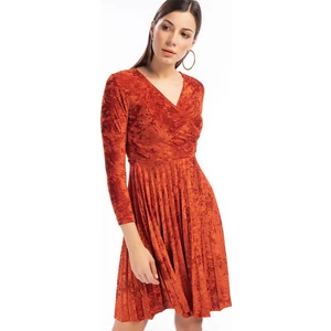 Cotton Mood 9391407 Kadife Eteği Pliseli Kruvaze Yaka Elbise Kıremıt