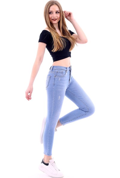 Poniba Kadın Buz Mavi Likralı Tırnaklı Yüksek Bel Denim Kot Pantolon