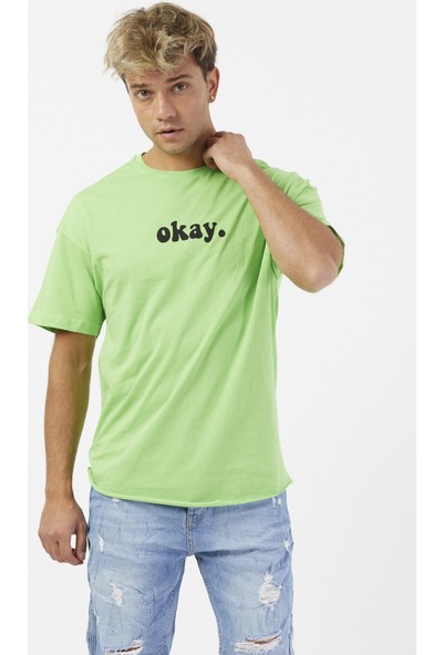 Denim Republic Baskılı Erkek Yeşil Oversize T-Shirt Arkası Reflektörlü