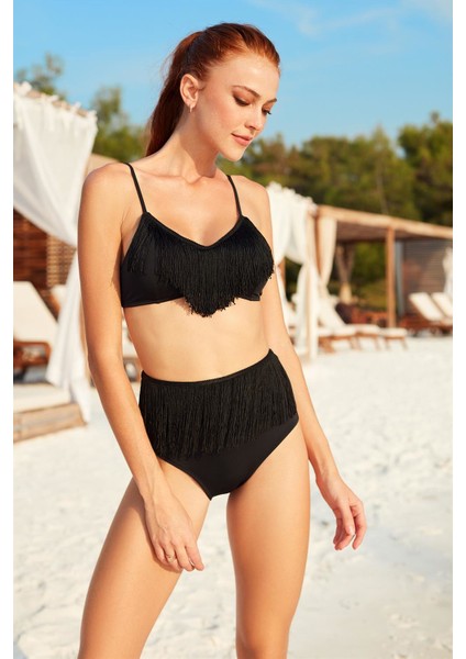 Püskül Detaylı Yüksek Bel Bikini Takım 201200 Siyah