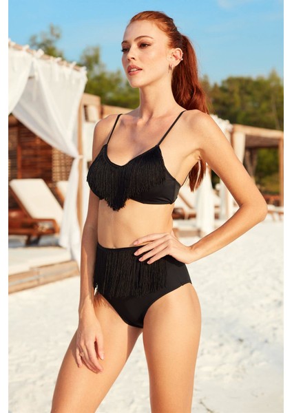 Püskül Detaylı Yüksek Bel Bikini Takım 201200 Siyah