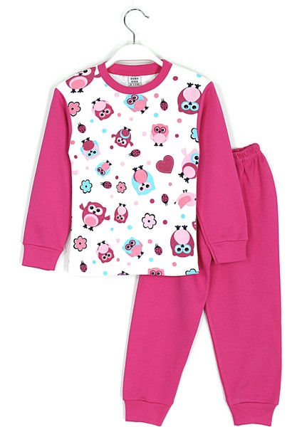 Kuş Desenli Kız Çocuk Pamuklu Pijama Takımı 4 - 10 Yaş Aralığı Koyu Pembe