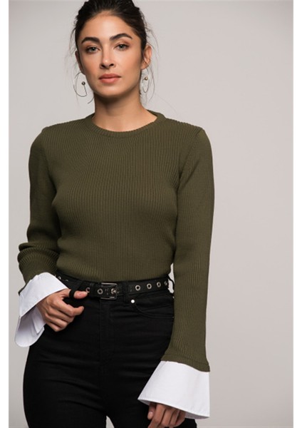 7376003 Ince Fitilli Kaşkorse Manşeti Garnili Uzun Kol Bluz