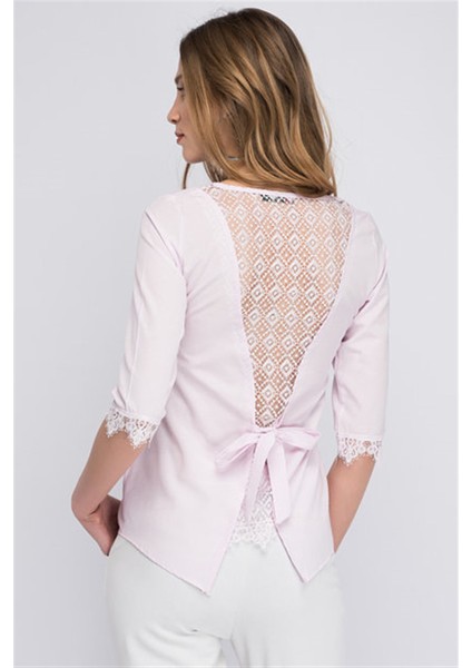 8129314 V Yaka Sırtı Tül Dantel Bağlamalı Kolucu Güpür Bluz fiyatları