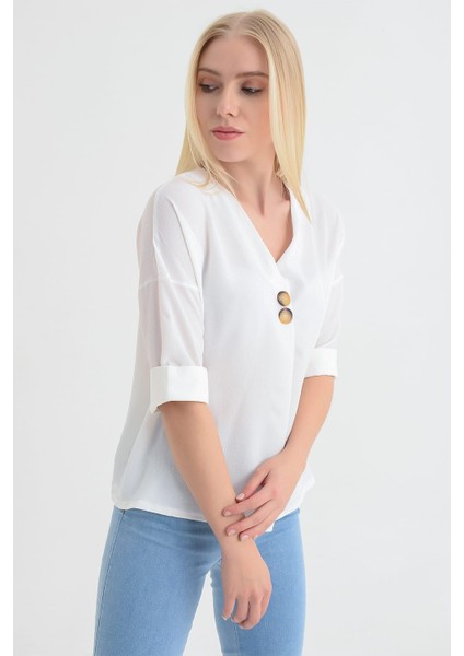 9152879 Kobe Yaka Bindirmeli Düğmeli Capri Kol Bluz