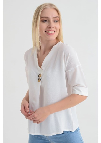 9152879 Kobe Yaka Bindirmeli Düğmeli Capri Kol Bluz fiyatları