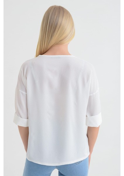 9152879 Kobe Yaka Bindirmeli Düğmeli Capri Kol Bluz fırsatları