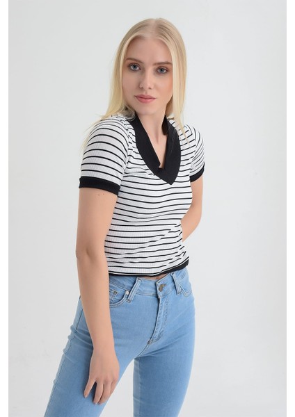 9152988 Kaşkorse Çizgili Beli Lastikli V Yaka Kısa Kol Bluz