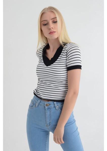 9152988 Kaşkorse Çizgili Beli Lastikli V Yaka Kısa Kol Bluz fiyatları