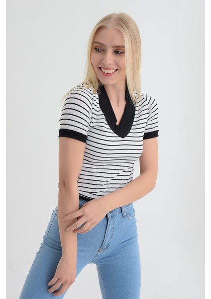 9152988 Kaşkorse Çizgili Beli Lastikli V Yaka Kısa Kol Bluz modelleri