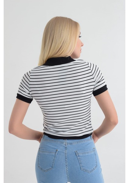9152988 Kaşkorse Çizgili Beli Lastikli V Yaka Kısa Kol Bluz fırsatları