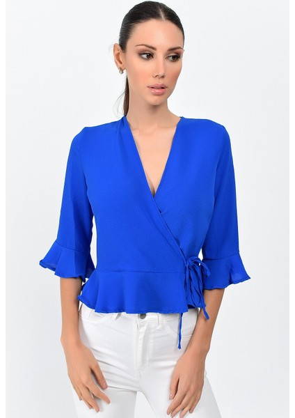 9363028 Kobe Kruvaze Eteği Kolu Fırfırlı Capri Kol Bluz