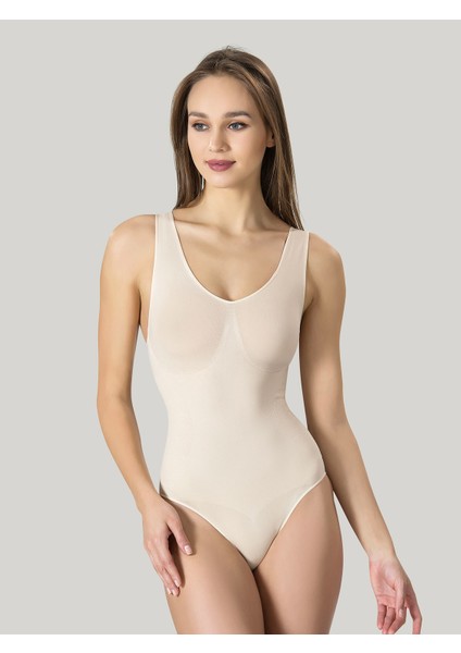 Kalın Askılı Çıtçıtlı Kadın Body Korse Ten Örme Seamless Dikişsiz Soft