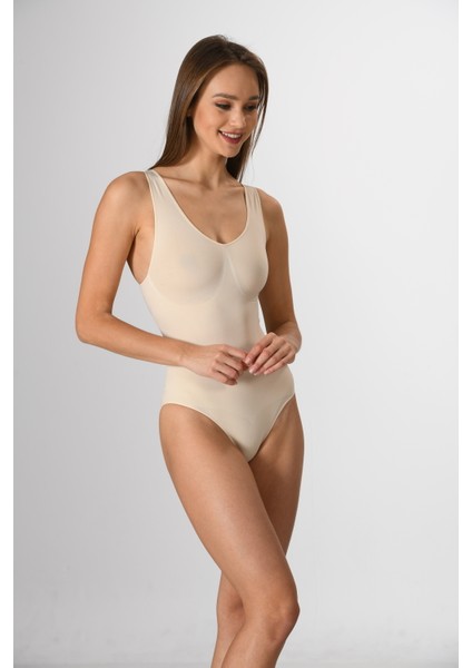 Kalın Askılı Çıtçıtlı Kadın Body Korse Ten Örme Seamless Dikişsiz Soft