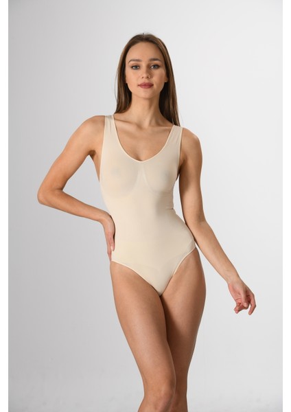 Kalın Askılı Çıtçıtlı Kadın Body Korse Ten Örme Seamless Dikişsiz Soft