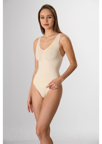 Kalın Askılı Çıtçıtlı Kadın Body Korse Ten Örme Seamless Dikişsiz Soft