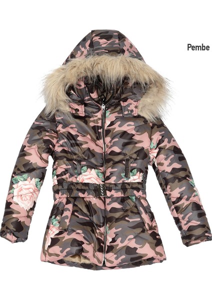 Kamuflaj Desenli Kız Çocuk Mont-Pembe