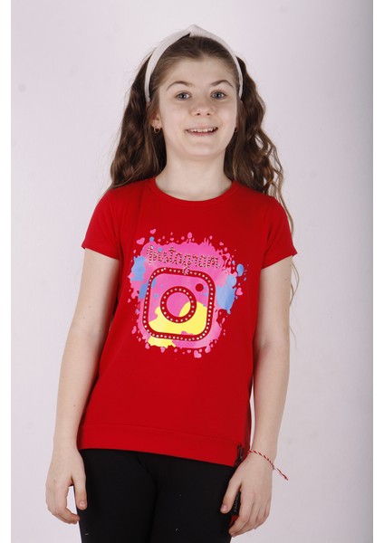 Kız Çocuk Renkli Instagram Baskılı T-Shirt
