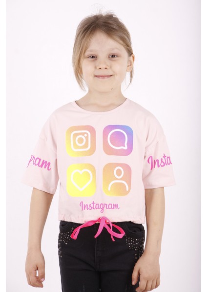 Kız Çocuk Instagram Baskılı Crop T-Shirt