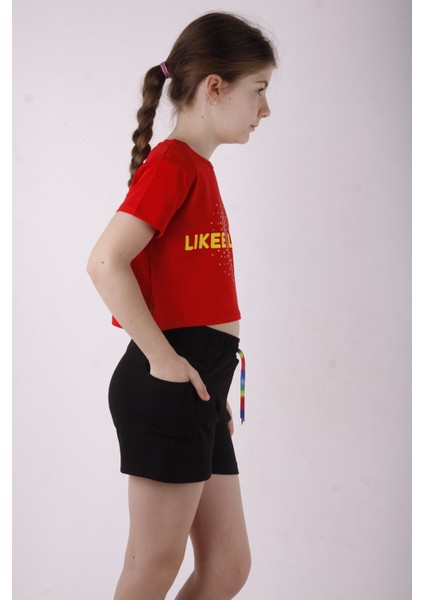 Kız Çocuk Likee Baskılı Cebi Şortlu Takım