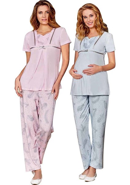 Yaprak Desenli Kısa Kollu Hamile Pijama Takımı 453 | Bebe Pembe