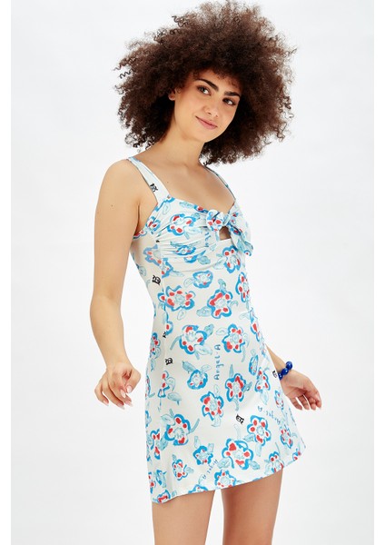 Saks Askılı Önden Bağlamalı Elbise