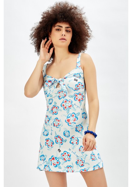 Saks Askılı Önden Bağlamalı Elbise