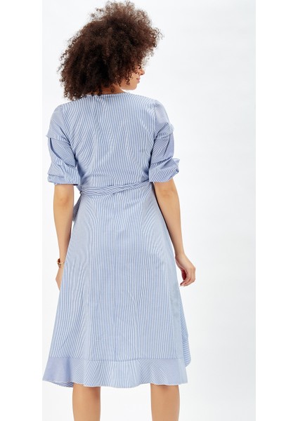 Mavi Beyaz Çizgili Poplin Bağlamalı Elbise_Elb32426 modelleri