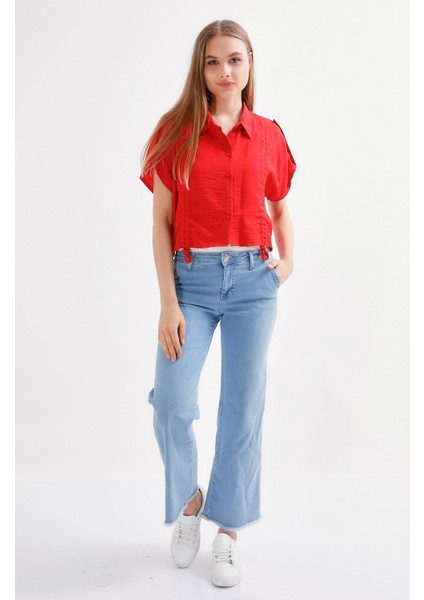 Kadın Bol Paça Ultra Likra Jean Pantolon Premium - Açık Mavi