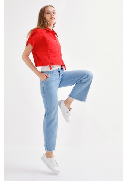 Kadın Bol Paça Ultra Likra Jean Pantolon Premium - Açık Mavi