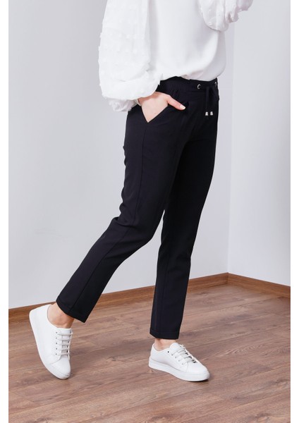 Kadın Cepli Double Paça Bel Lastik Bağcıklı Pantolon - Siyah