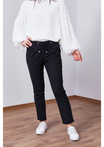 Kadın Cepli Double Paça Bel Lastik Bağcıklı Pantolon - Siyah
