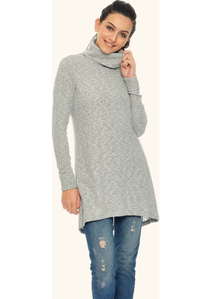 Kadın Kırçıllı Boyun Dökümlü Triko Tunik - Gri